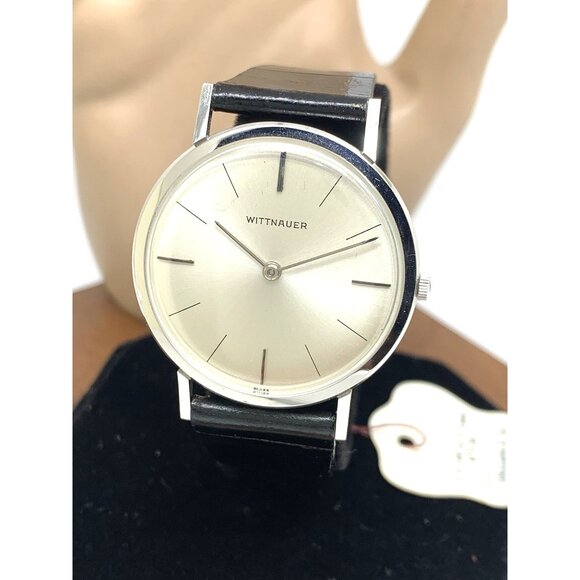 Wittnauer Men's Watch Vintage Swiss Hand Wind Thin 33mm Black Leather Band - Picture 1 of 16